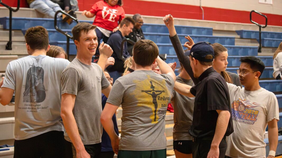 Students rally together in the Fugate Gymnasium during a dodgeball tournament.