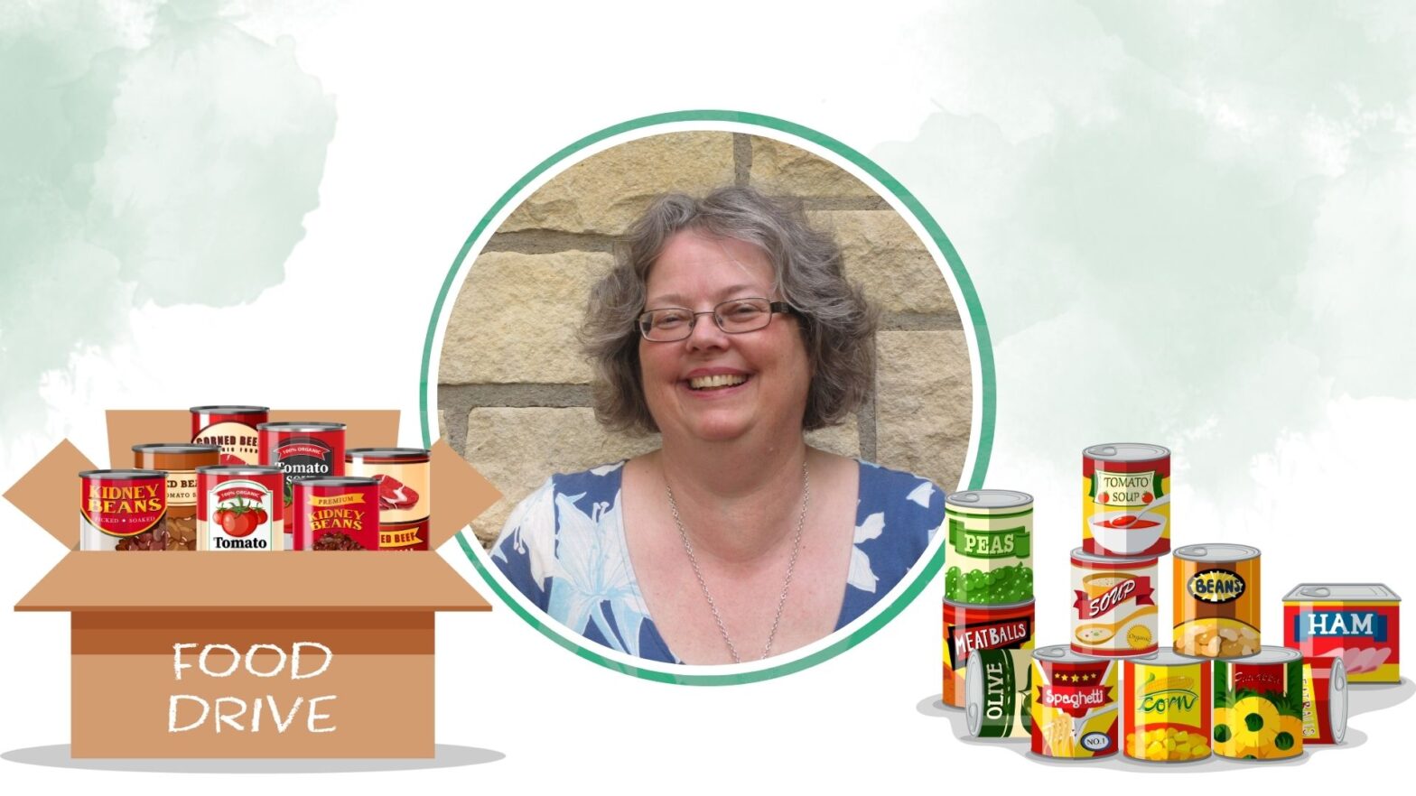 Kathleen Webb with food drive items around her