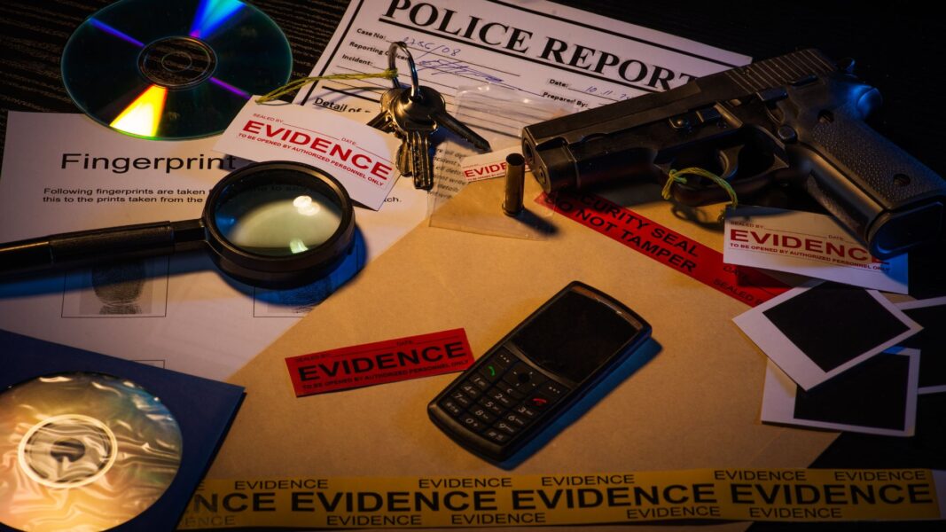 police tape, folders labeled "evidence," a magnifying glass symbolize "Murder on the Menu"