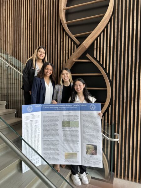 (From left to right) Alizza Robles, Mwangi, Kathy Pham and Tiffany Huynh presented their research, "CAPAN-2: Establishment of Successful SDS and Transfer Protocol," during Scholars Day in May 2023.