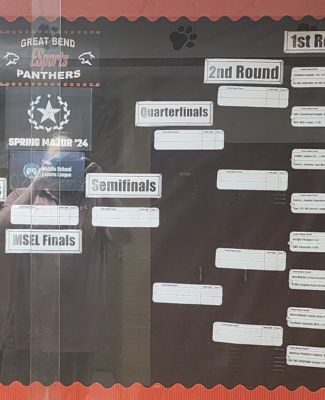 Bulletin board at Great Bend Middle School with esports competition brackett