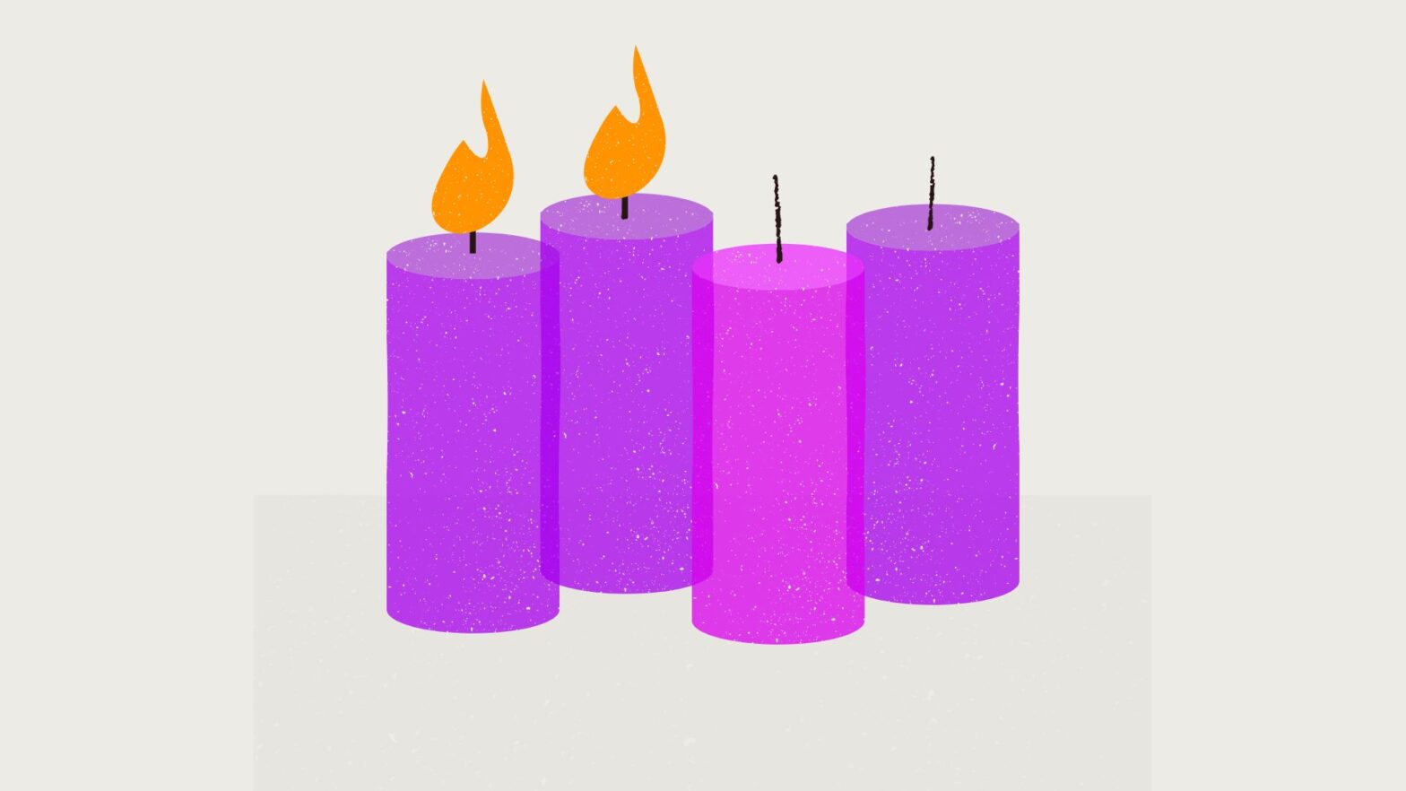 Two purple candles are lit for Advent, while a pink and purple one are left unlit for the coming weeks.