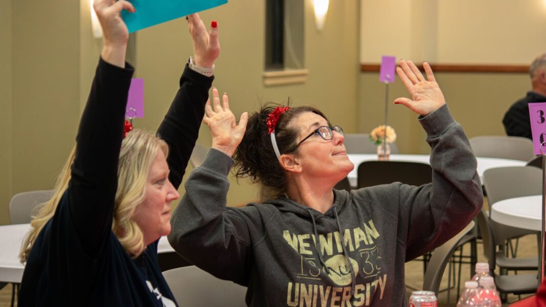 (From left to right) Associate Vice President of Academic Affairs Jill Fort and Associate Professor of Criminal Justice Kristi Barton Edwards at the 2024 trivia night at Newman.