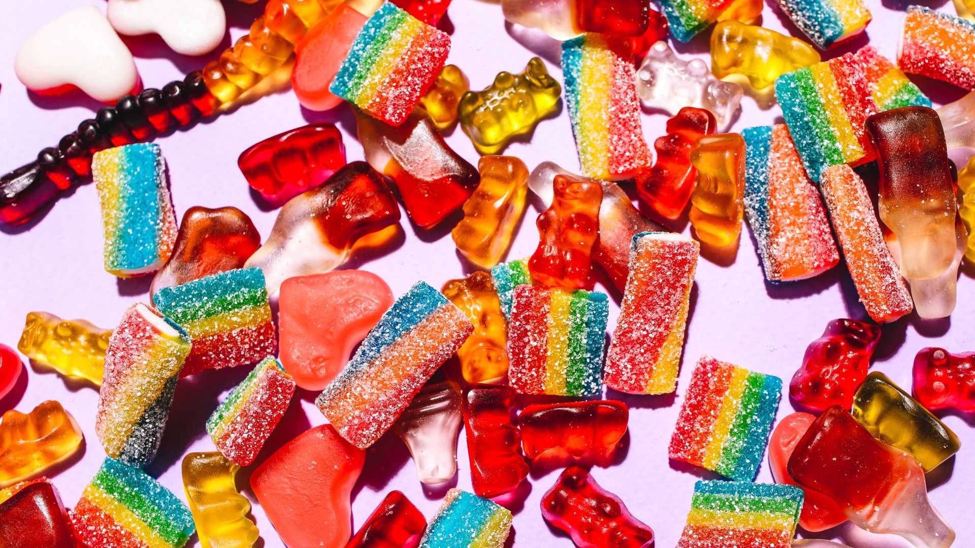 gummy bears, gummy worms, and Sour Patch rainbow bites