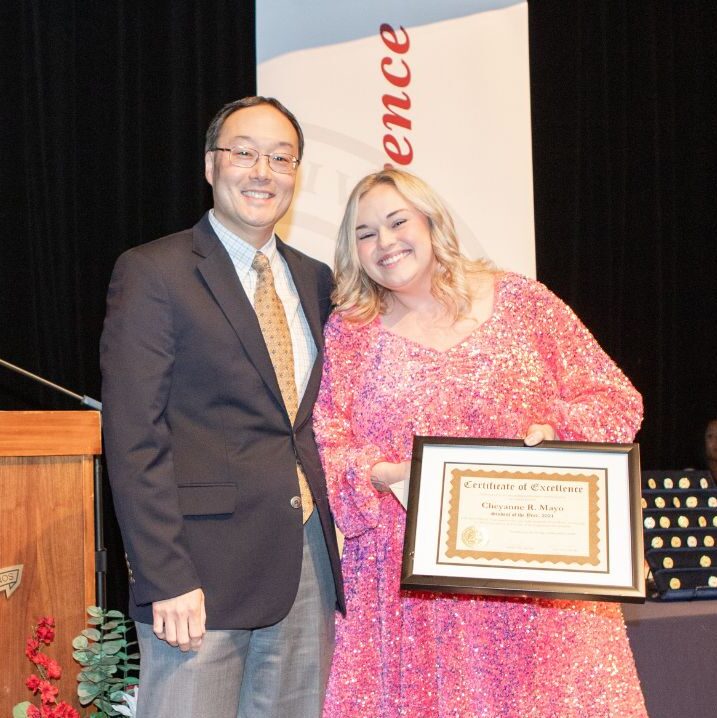 (From left to right) Cho and 2024 outstanding respiratory care graduate recipient Cheyanne Mayo at the School of Healthcare Professions pinning ceremony