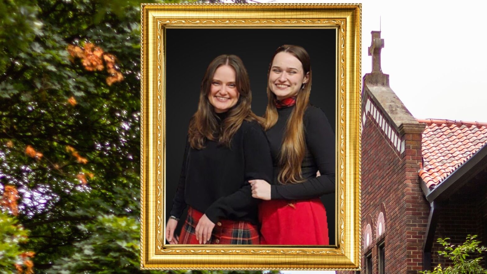 A framed photo of the Sykes sisters with Newman's Sacred Heart Hall in the background