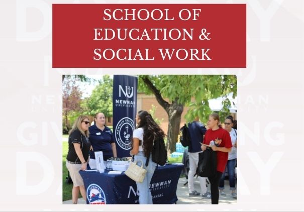 Students on a college campus stop by the Newman School of Education and Social Work booth. 