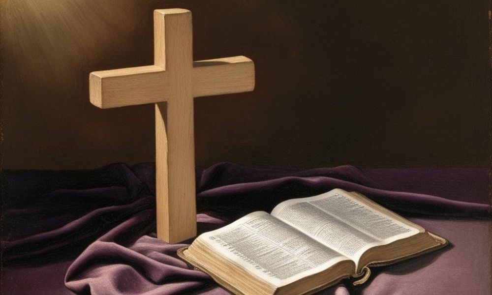 Wooden cross on purple tablecloth and bible