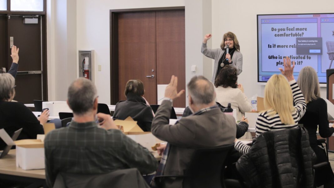 Professor Teresa Wilkerson addresses faculty during a lightning lesson on artificial intelligence use in the classroom.