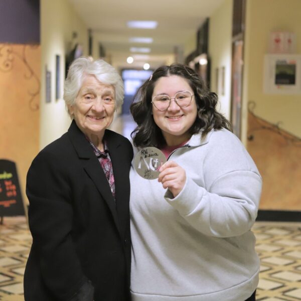 (From right to left) Sister Therese Wetta, ASC, with Newman senior Jasmine Guerrero.