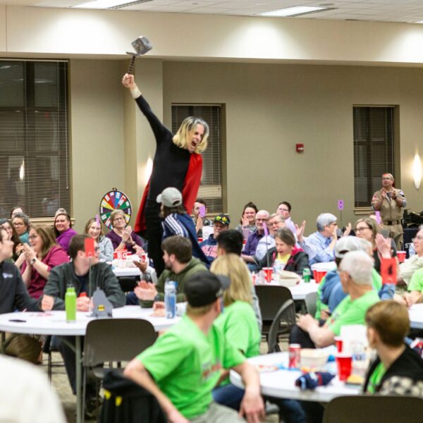 A triumphant Clark Castle (as Thor) reacts to winning first place during Trivia Night at Newman