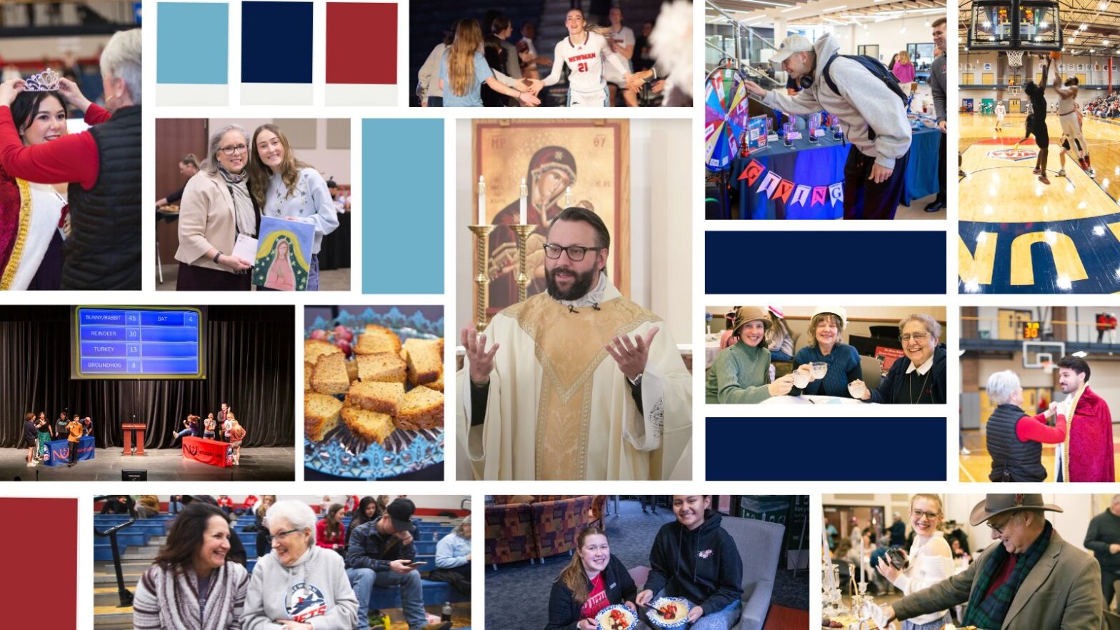 A collage of photos from Heritage Month using Newman's colors of navy, red, and light blue