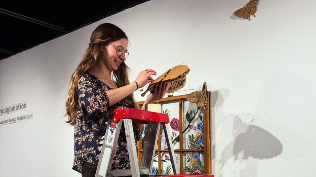 Student artist Rebekah Strickbine installs her artwork in the Steckline Gallery.