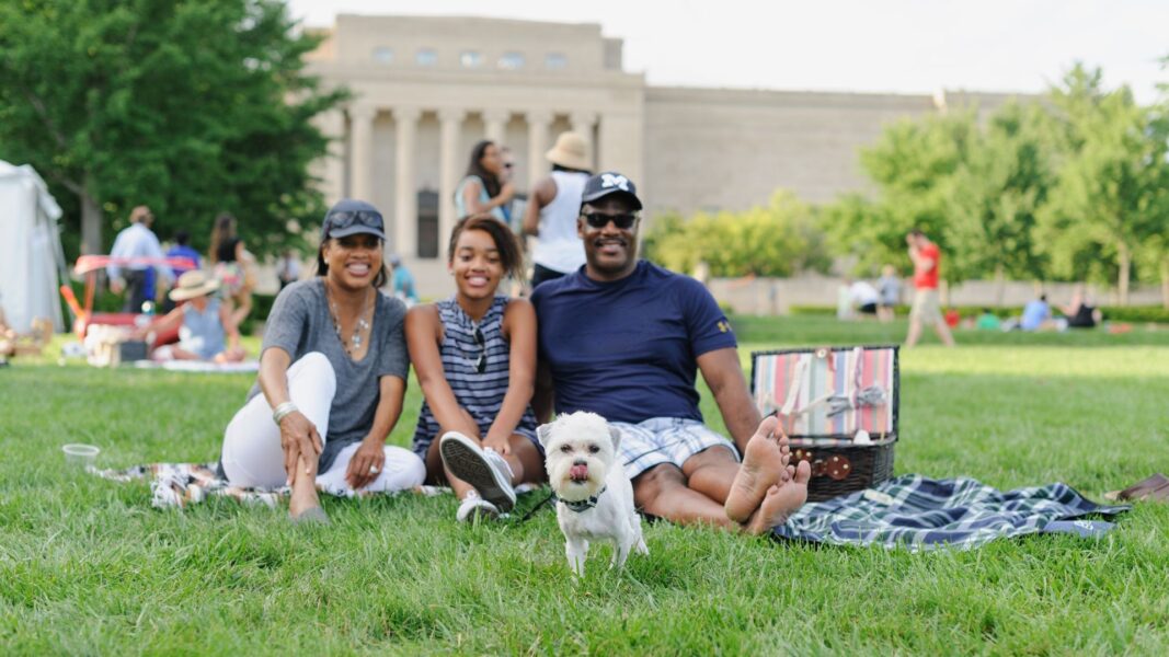 The Winston family enjoys an outdoor picnic on the grass.