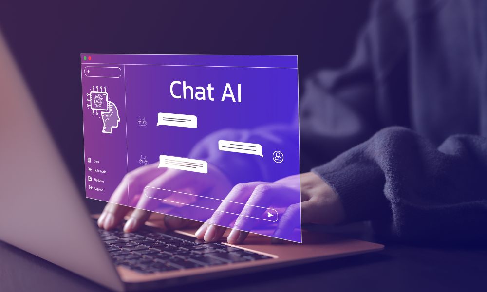 A stock image of a person working on a computer with a screen that says "Chat AI"