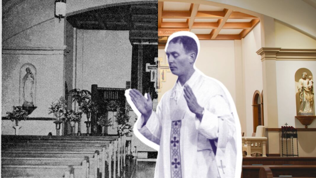 A graphic of Kapaun over layered photographs of St. John's Chapel in 1940 (left) vs. in 2024 (right)