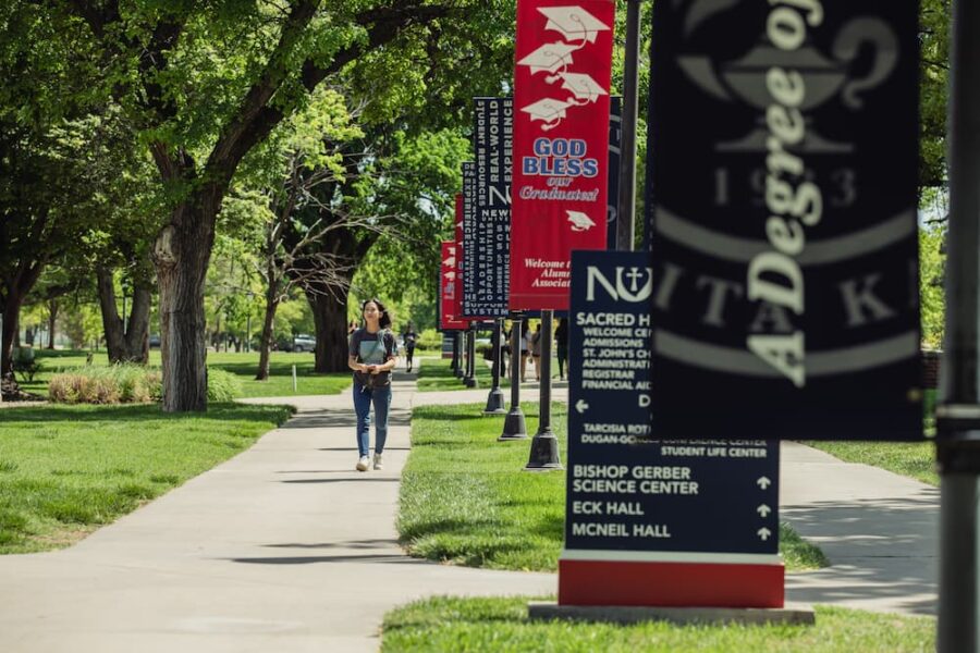 A student walks to class on campus.