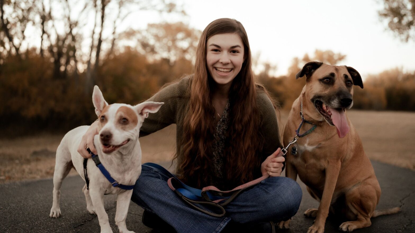 Strickbine sits on the ground with her with two dogs