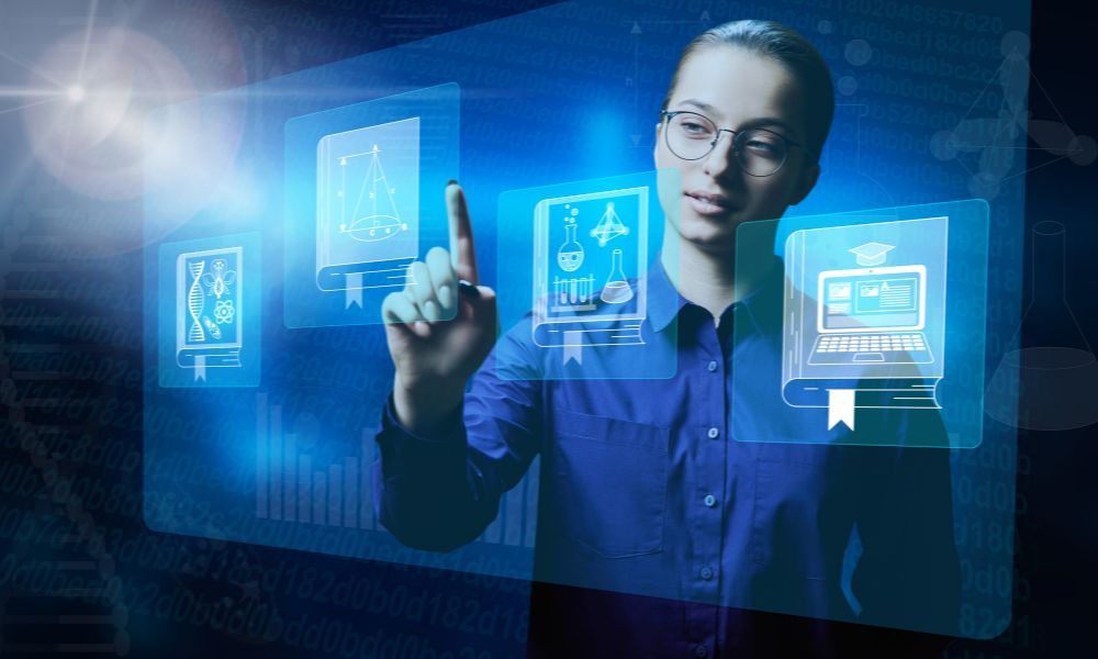 Woman touches high tech screen with 4 education icons