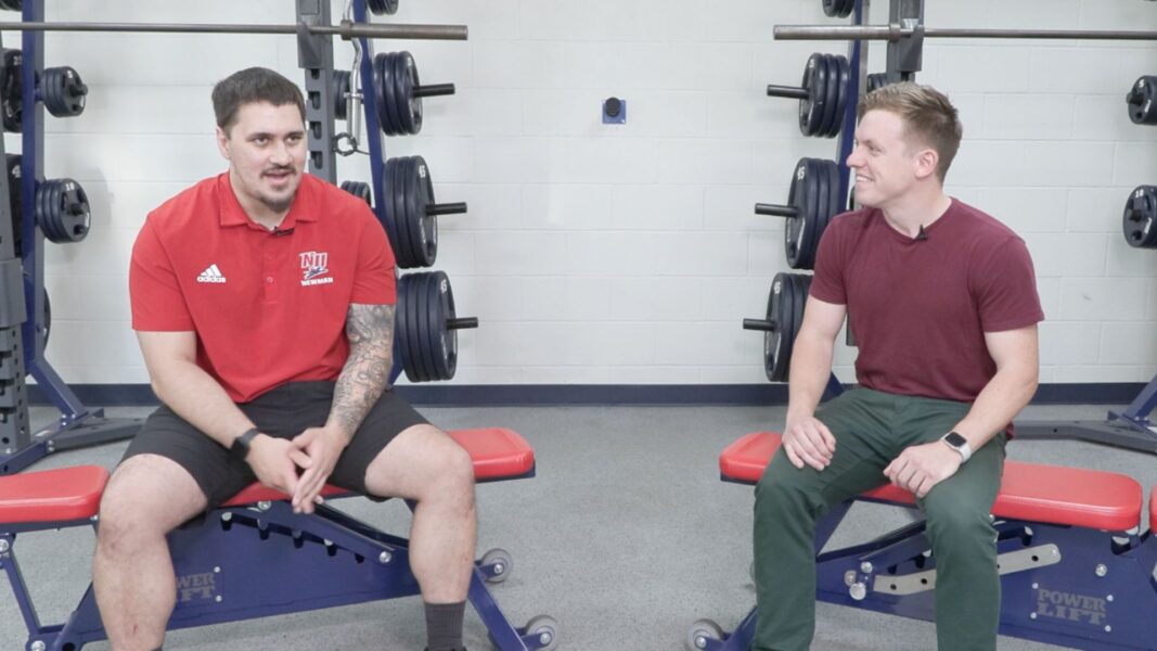 (From left to right) Akao and podcast host Digital Community Specialist Jack Schafer in the athletics weight room on campus 