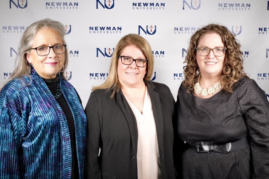 (From left to right) President Kathleen Jagger, Dean of the School of Education and Social Work Jessica Bird and Tyrell.