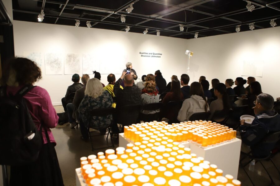 Students, faculty and staff gather for First Friday in the Steckline Gallery.