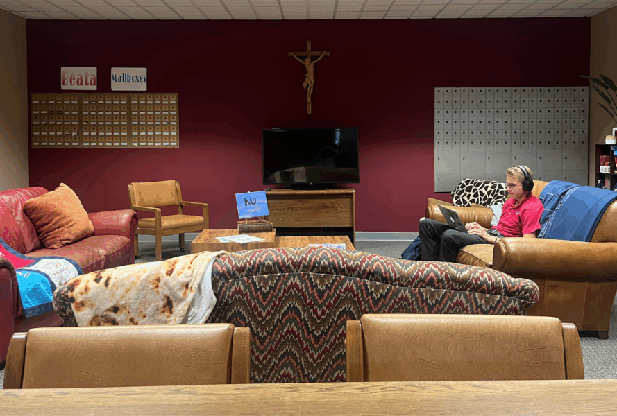 Photo of the downstairs living room, showing the couches and seating and TV.