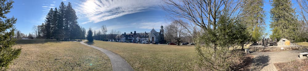 A panoramic view of the grounds of the National Shrine of the Divine Mercy