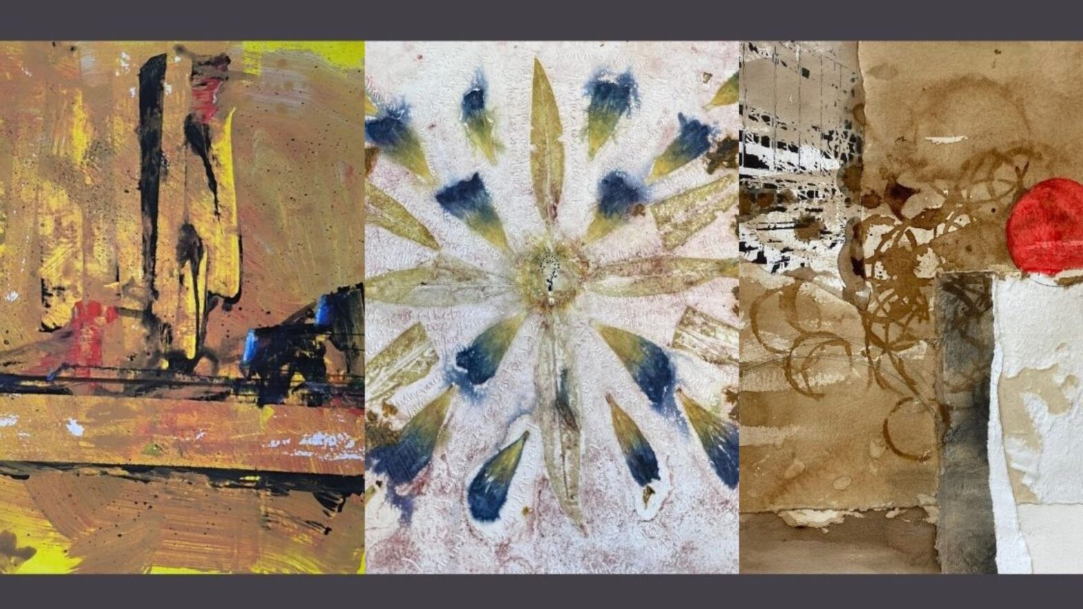 Three art pieces from "Intersections, Loops, & Undulations" exhibition at Newman University.