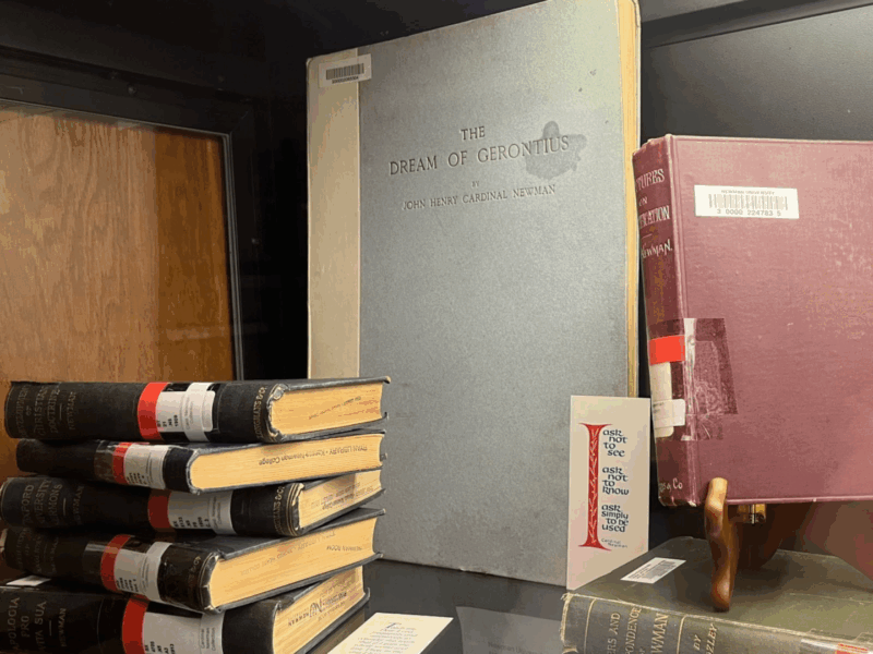 Shows St. Newman's books in the display case