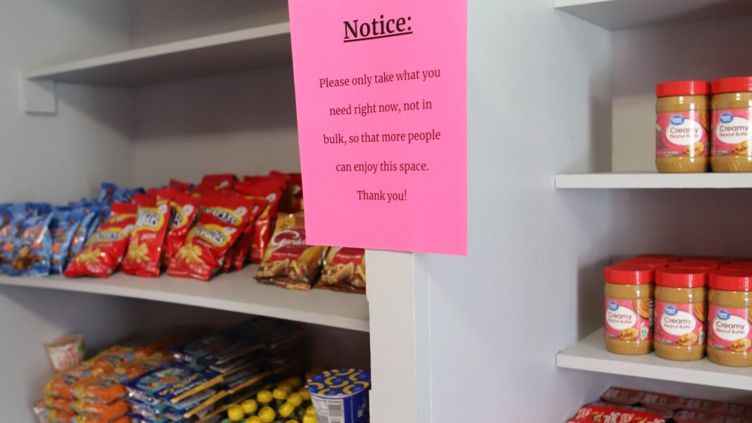 A notice reads: "Please only take what you need right now, not in bulk, so that more people can enjoy this space. Thank you!"
