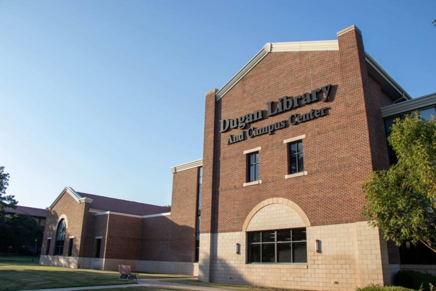 Pictures side of Dugan Library with it's letters
