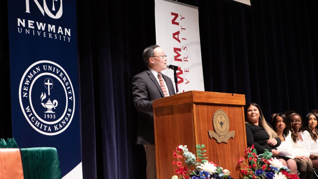 Cho, dean of the School of Healthcare Professions, addresses the December class of 2025.