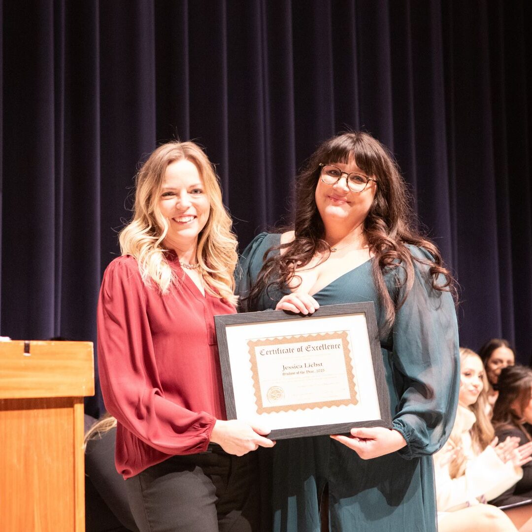 (From left to right) Fox awards Liebst with the 2025 Outstanding Respiratory Care Graduate Award.