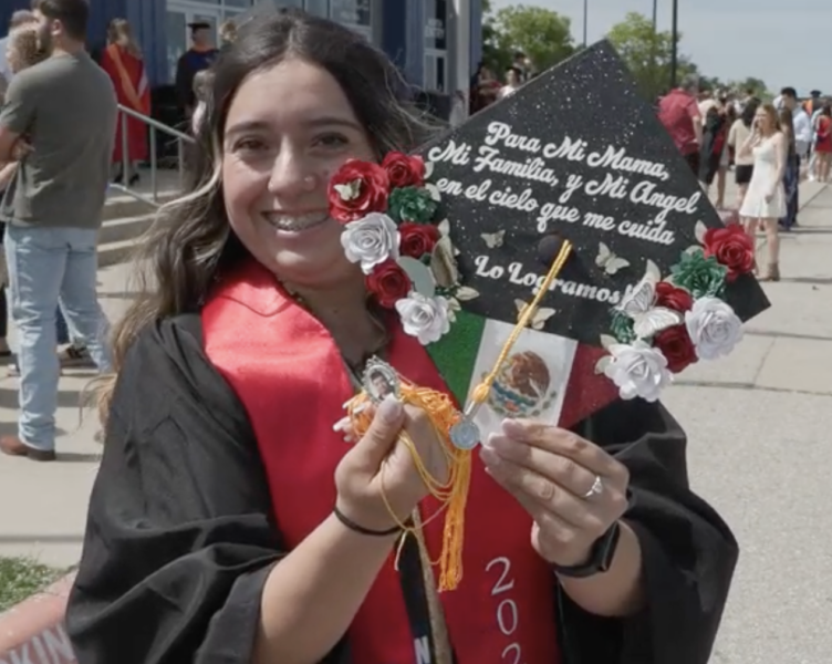 Pictures Zamacona showing her graduation cap with photo of her father attached and Spanish quote with Mexico flag