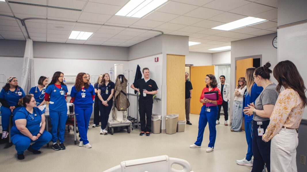 Professors, students and staff gathered for the clinical simulation day in Eck Hall.