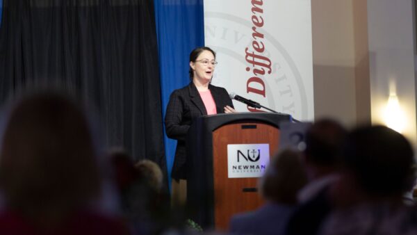Hedrick gives her acceptance speech during the annual Legacy Awards Banquet at Newman University.