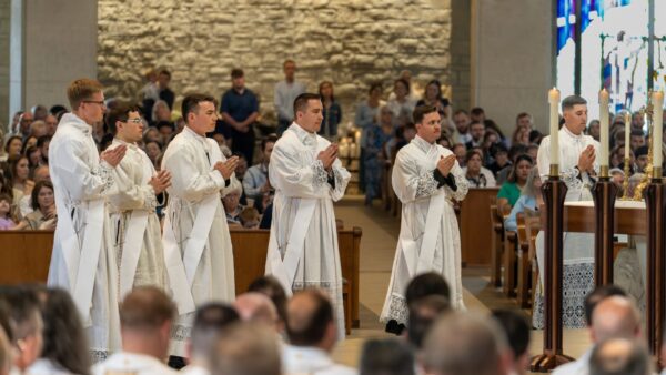 (From left to right) The Rev. Demel, Rev. McGuire, Rev. Nguyen, Rev. Meyerhoff, Rev. Hilger and Rev. Bergkamp at their ordination Mass at the Church of the Magdalen (Courtesy photo: Catholic Advance)