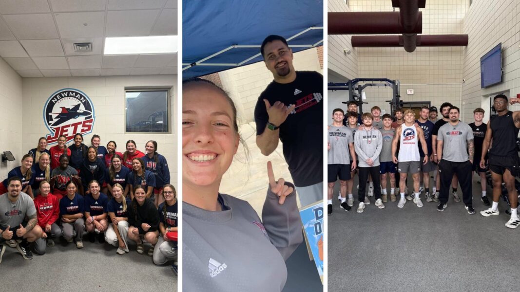 Akao with student-athletes of Newman, both in the weight room and behind the DJ booth.