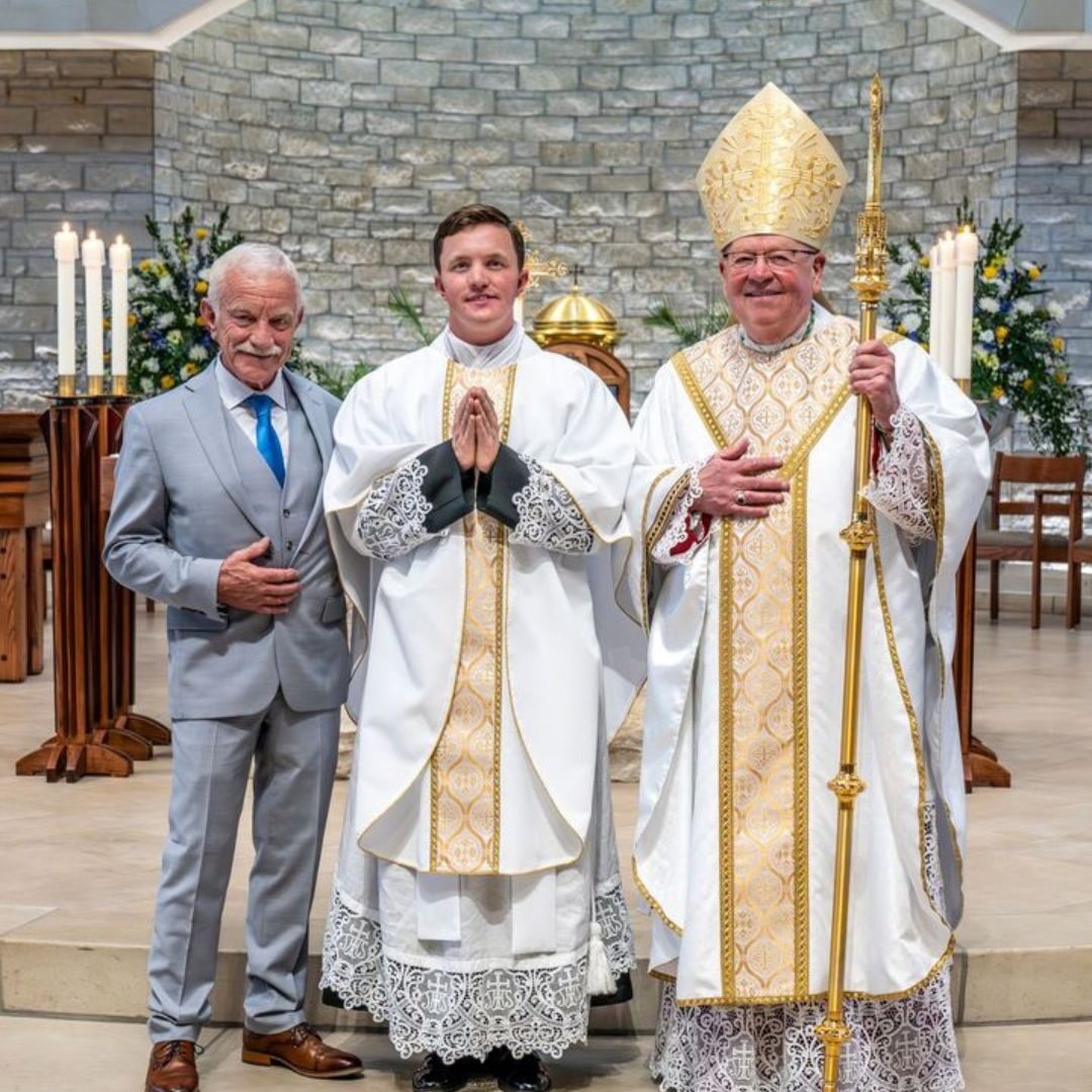 Hilger with his father and Bishop Kemme (Courtesy photo: Catholic Advance)