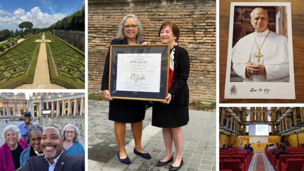 (Center, left) President Jagger holds a framed commitment of 5,000 service hours from Newman University, gifted to Pope Leo XIV.