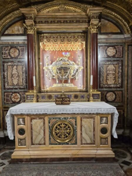 A view of the Sacra Culla (Holy Cradle) reliquary, located beneath the main altar in the Basilica of Saint Mary